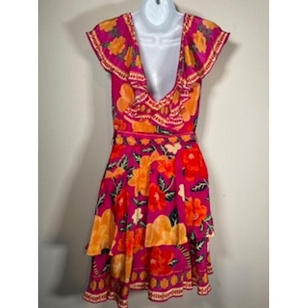 Farm Rio Mini Dress Pink Flowers Tapestry Ruffle Belted XS Tropical Boho NWT - Picture 5 of 10